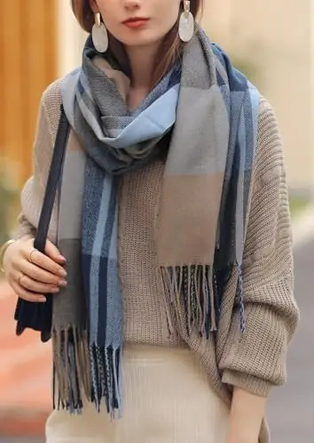 Wander Agio Women's Fashion Scarves Long CasModazoneere Like Shawl Winter Warm Knit Large Tassel Plaid Scarf - 3