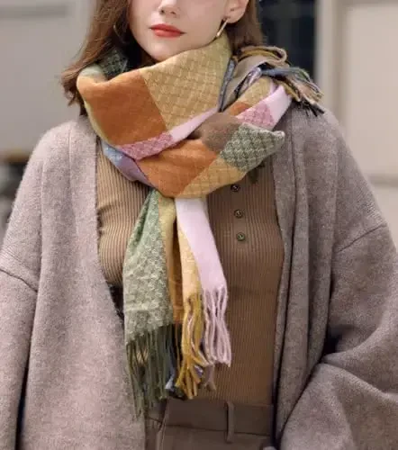 Wander Agio Women's Fashion Scarves Long CasModazoneere Like Shawl Winter Warm Knit Large Tassel Plaid Scarf - 4
