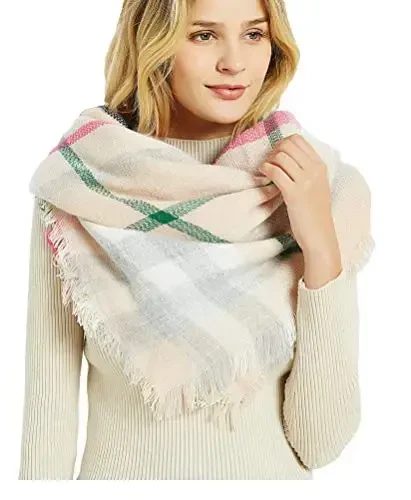 Wander Agio Womens Warm Blanket Scarf Square Winter Shawls Large Infinity Scarves Stripe Plaid Scarf - WANDER