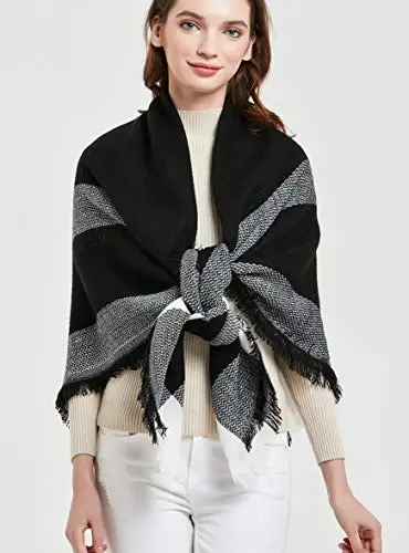 Wander Agio Womens Warm Blanket Scarf Square Winter Shawls Large Infinity Scarves Stripe Plaid Scarf - 3