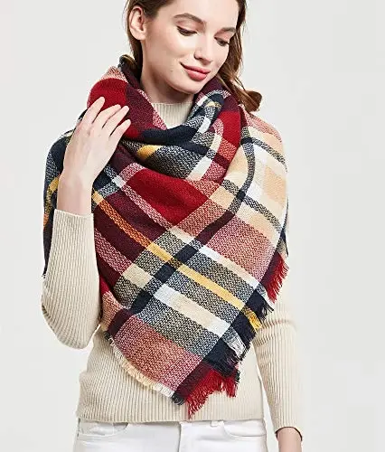 Wander Agio Womens Warm Blanket Scarf Square Winter Shawls Large Infinity Scarves Stripe Plaid Scarf - 2