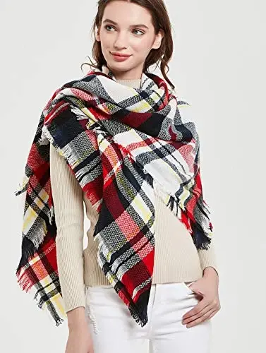 Wander Agio Womens Warm Blanket Scarf Square Winter Shawls Large Infinity Scarves Stripe Plaid Scarf - 2