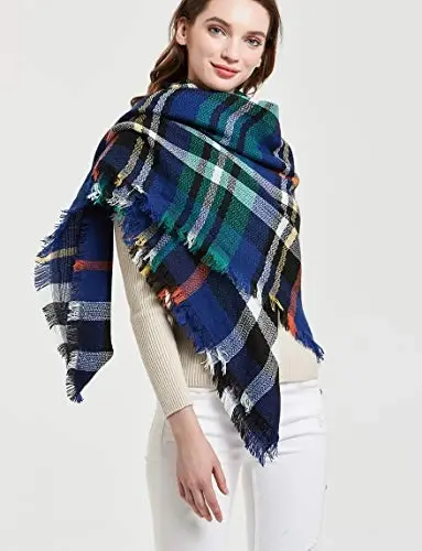 Wander Agio Womens Warm Blanket Scarf Square Winter Shawls Large Infinity Scarves Stripe Plaid Scarf - 2