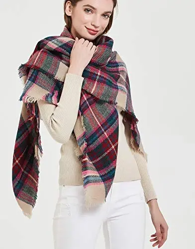 Wander Agio Womens Warm Blanket Scarf Square Winter Shawls Large Infinity Scarves Stripe Plaid Scarf - 4