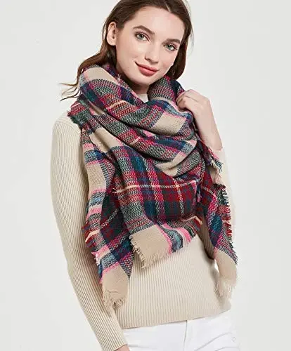 Wander Agio Womens Warm Blanket Scarf Square Winter Shawls Large Infinity Scarves Stripe Plaid Scarf - 5