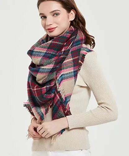 Wander Agio Womens Warm Blanket Scarf Square Winter Shawls Large Infinity Scarves Stripe Plaid Scarf - 6