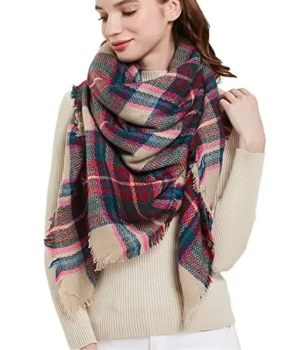 Wander Agio Womens Warm Blanket Scarf Square Winter Shawls Large Infinity Scarves Stripe Plaid Scarf - 1