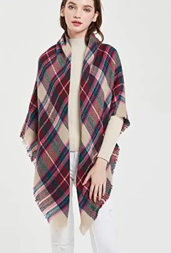 Wander Agio Womens Warm Blanket Scarf Square Winter Shawls Large Infinity Scarves Stripe Plaid Scarf - 2