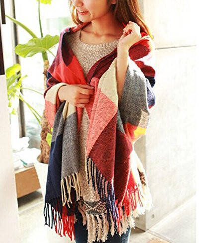 Wander Agio Women's Fashion Long Shawl Big Grid Winter Warm Lattice Large Scarf - 5