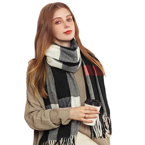 Wander Agio Women's Fashion Scarves Long Cashmere Like Shawl Winter Warm Knit Large Tassel Plaid Scarf - 15