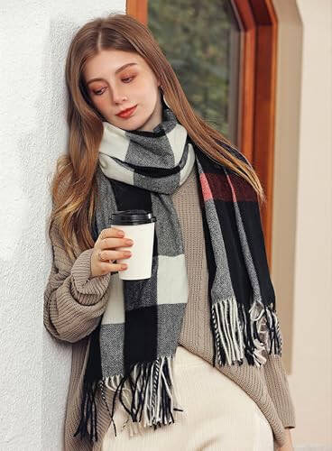 Wander Agio Women's Fashion Scarves Long Cashmere Like Shawl Winter Warm Knit Large Tassel Plaid Scarf - 16