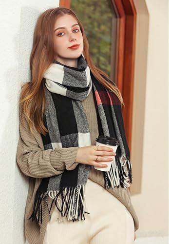 Wander Agio Women's Fashion Scarves Long Cashmere Like Shawl Winter Warm Knit Large Tassel Plaid Scarf - 17