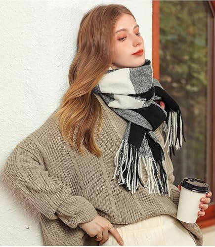 Wander Agio Women's Fashion Scarves Long Cashmere Like Shawl Winter Warm Knit Large Tassel Plaid Scarf - 18