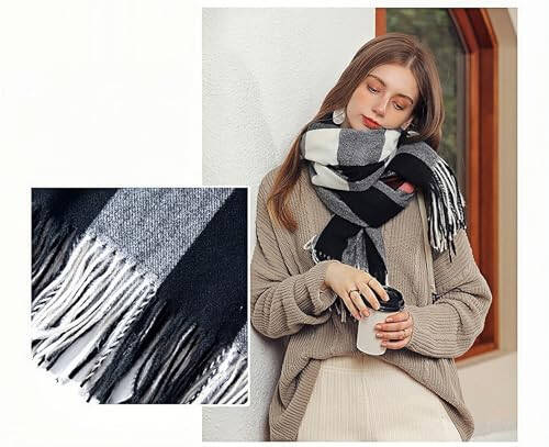 Wander Agio Women's Fashion Scarves Long Cashmere Like Shawl Winter Warm Knit Large Tassel Plaid Scarf - 19