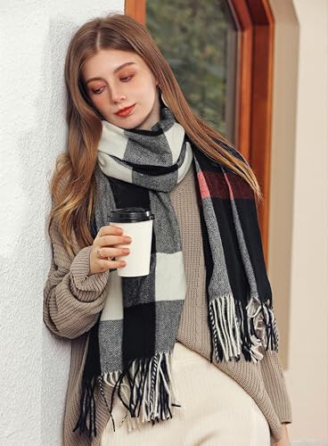 Wander Agio Women's Fashion Scarves Long Cashmere Like Shawl Winter Warm Knit Large Tassel Plaid Scarf - 6