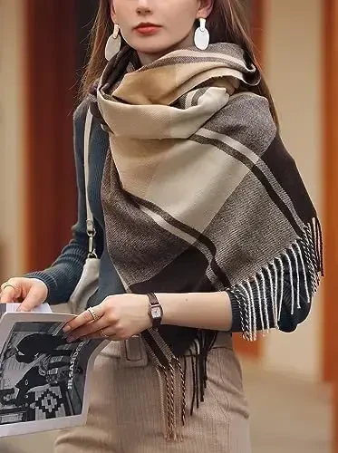 Wander Agio Women's Fashion Scarves Long CasModazoneere Like Shawl Winter Warm Knit Large Tassel Plaid Scarf - 2