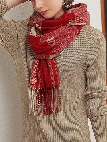 Wander Agio Women's Fashion Scarves Long CasModazoneere Like Shawl Winter Warm Knit Large Tassel Plaid Scarf - 2