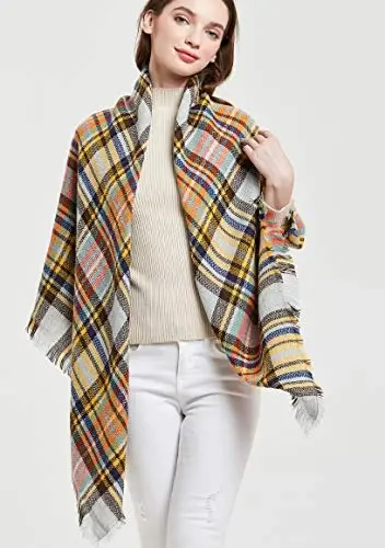 Wander Agio Womens Warm Blanket Scarf Square Winter Shawls Large Infinity Scarves Stripe Plaid Scarf - 3