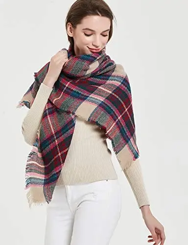 Wander Agio Womens Warm Blanket Scarf Square Winter Shawls Large Infinity Scarves Stripe Plaid Scarf - 3