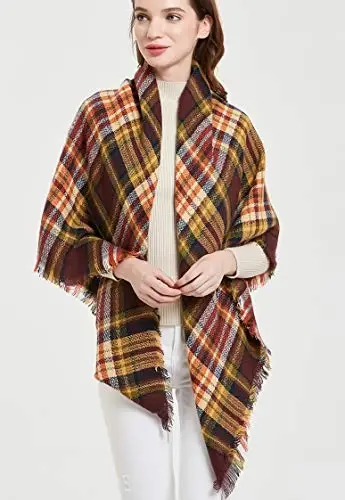 Wander Agio Womens Warm Blanket Scarf Square Winter Shawls Large Infinity Scarves Stripe Plaid Scarf - 4