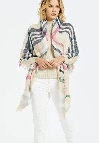 Wander Agio Womens Warm Blanket Scarf Square Winter Shawls Large Infinity Scarves Stripe Plaid Scarf - 2