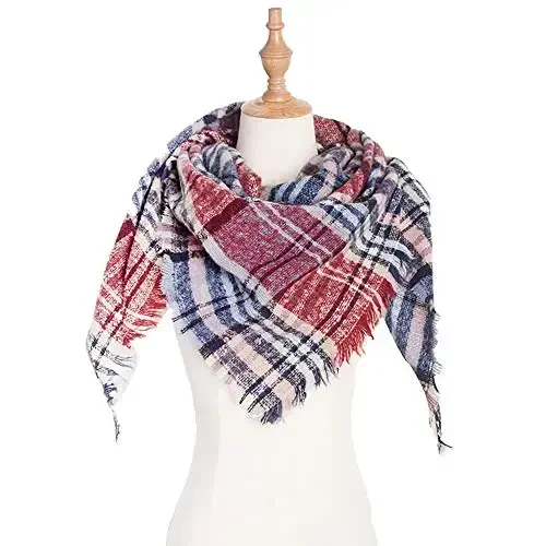 Wander Agio Womens Warm Scarf Triangle Shawls Winter Scarves Stripe Plaid Fichu Rough Surface - 3