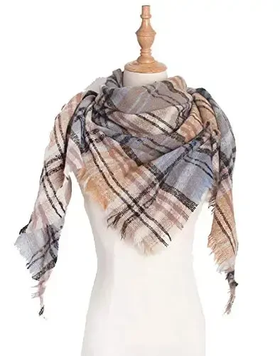 Wander Agio Womens Warm Scarf Triangle Shawls Winter Scarves Stripe Plaid Fichu Rough Surface - 2