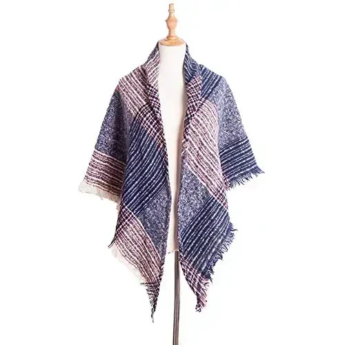 Wander Agio Womens Warm Scarf Triangle Shawls Winter Scarves Stripe Plaid Fichu Rough Surface - 2