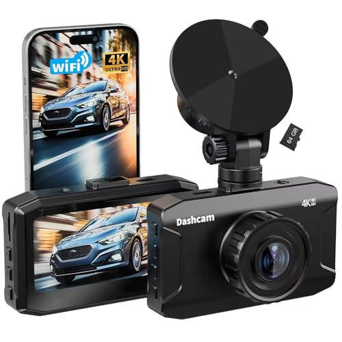 WANLIPO 4K ön dash cam, 170° geniş görüş açılı, WiFi ve 64GB SD kartlı araç kamerası. 3 inç IPS ekran, G-sensör, döngü kaydı, 24 saat park izleme ve gece görüşü. - 1