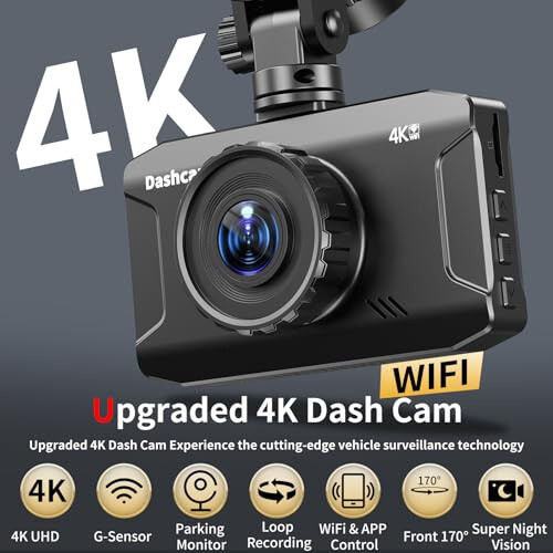 WANLIPO Front Dash Cam 4K, WiFi Dash Camera for Cars with 64GB SD Card, 170° Wide View, Wireless Car Camera with 3'' IPS Screen, G-Sensor, Loop Recording, 24H Parking Monitor, Night Vision. - 2