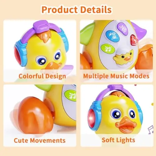 Wanonoo Dancing Duck Baby Toys 6-12 Months Developmental, Musical Crawling Infant Tummy Time 3 4 5 6 7 8 9 10 11 12 18 Month Boy Girl Moving Light Up Toddler Learning Activity Easter Birthday Gift - 3