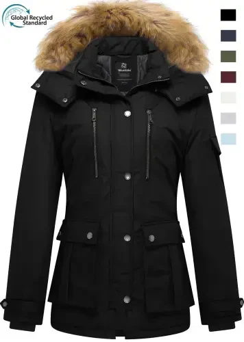 Wantdo Women's Recycled Winter Coat Thickened Winter Jacket Hooded Parka Jacket Black L- - 9