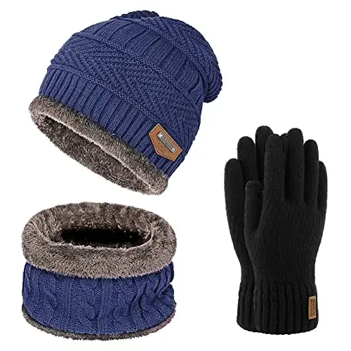Warm Winter Beanie Hat & Scarf Gloves Set Erkaklar va Ayollar uchun zamonaviy Trikotaj Bosh suyagi shapkasi (Bir o'lcham, 06 Moviy) - MODAZONE