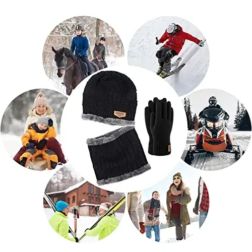 Warm Winter Beanie Hat & Scarf Gloves Set Stylish Knit Skull Cap for Men Women (One Size, 05 Black) - 4