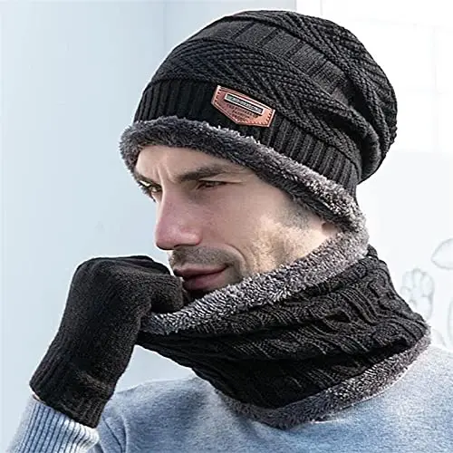 Warm Winter Beanie Hat & Scarf Gloves Set Stylish Knit Skull Cap for Men Women (One Size, 05 Black) - 6