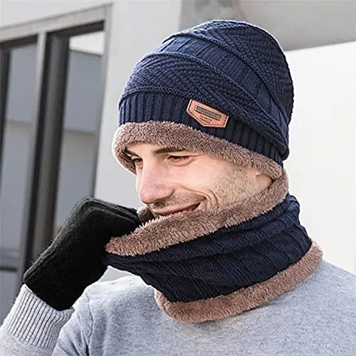 Warm Winter Beanie Hat & Scarf Gloves Set Stylish Knit Skull Cap for Men Women (One Size, 06 Blue) - 2