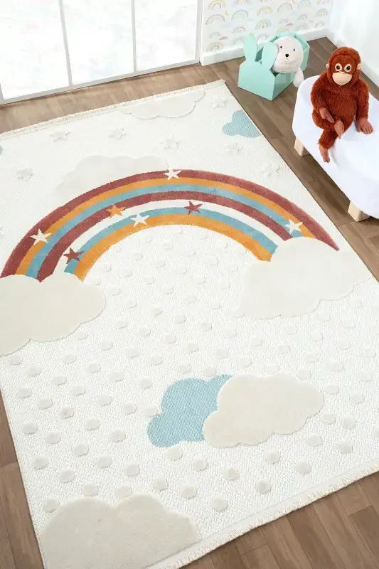 Washable Baby Kids Room Rug Rainbow Pattern Stain Resistant Antibacterial Antiallergic AYAZ 10-CREAM 1 - 1