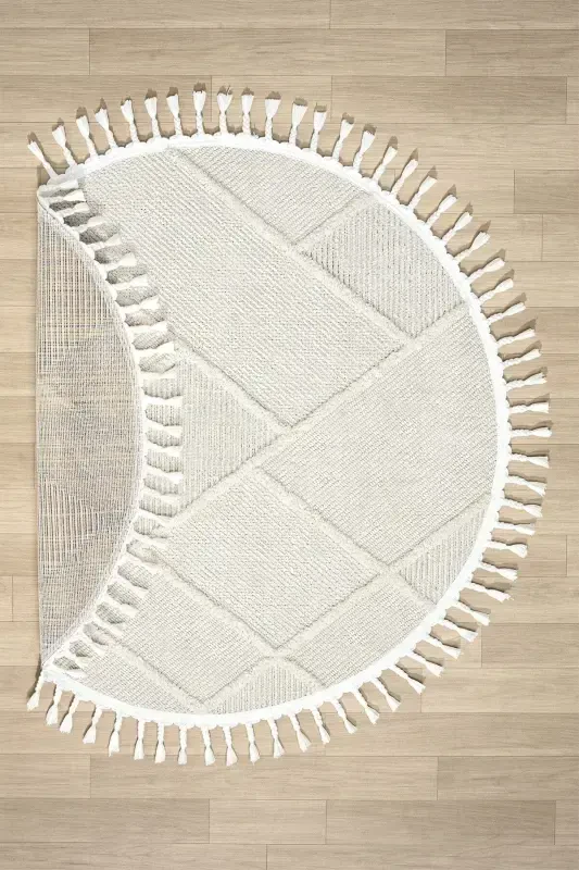 Washable Fringed Round Woven Rug Runner Entryway Living Room Lounge Kitchen Carpet ROUND-Cream 1 - 2