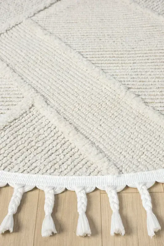 Washable Fringed Round Woven Rug Runner Entryway Living Room Lounge Kitchen Carpet ROUND-Cream 1 - 4