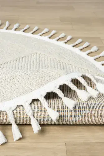 Washable Fringed Round Woven Rug Runner Entryway Living Room Lounge Kitchen Carpet ROUND-Cream 1 - 5