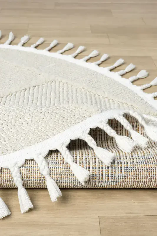 Washable Fringed Round Woven Rug Runner Entryway Living Room Lounge Kitchen Carpet ROUND-Cream 1 - 5