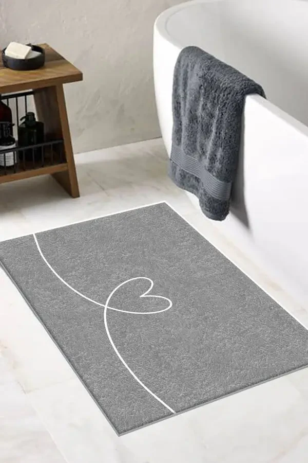 Washable Heart Bath Mat Rug Single Piece Gray (60x100) Dc-8047 Dc-8047 - 1