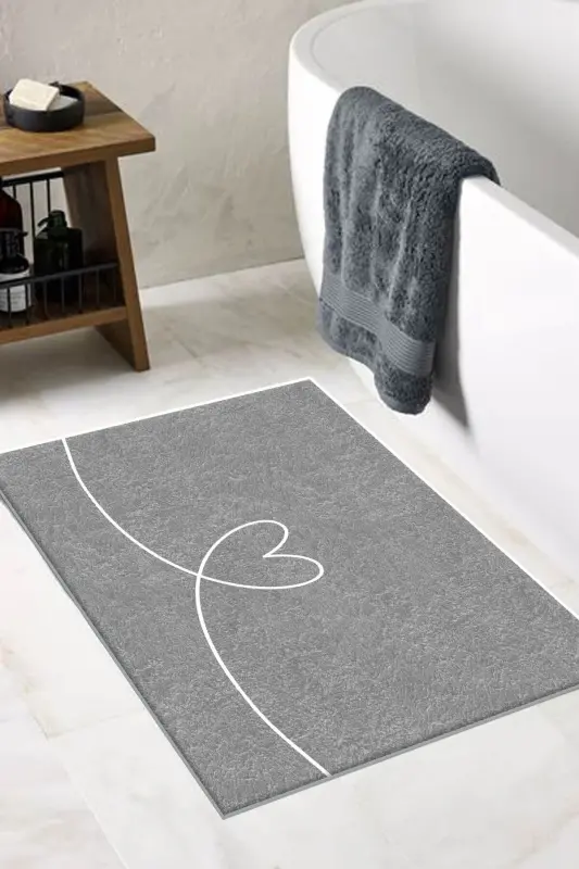 Washable Heart Bath Mat Rug Single Piece Gray (60x100) Dc-8047 Dc-8047 - 1