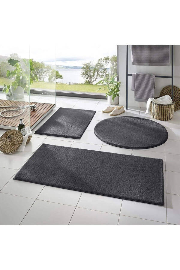 Washable Non-Slip Base Plush Bath Mat Set of Three Anthracite Mt - 1