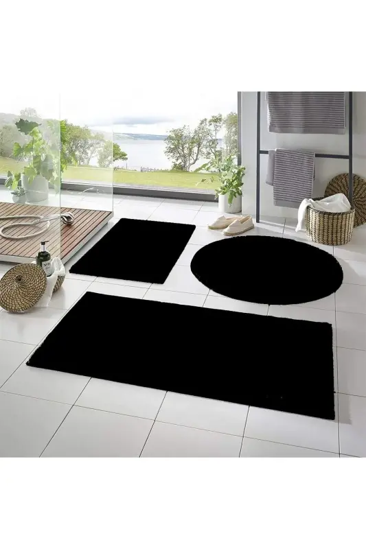 Washable Non-Slip Base Post Plush Bathroom Rug Triple Set Black Mt-Black - META HALI