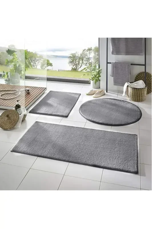 Washable Non-Slip Base Post Plush Bathroom Rug Triple Set Gray Mt-Gray - 1