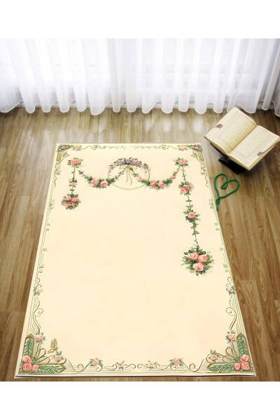 Washable, non-slip, velvet prayer rug with minimal floral pattern. - 1