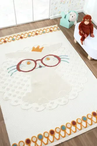 Washable Rabbit Baby Kids Room Rug Patterned Stain Resistant Antibacterial Anti-allergic AYAZ 08-CREAM 4 - 1