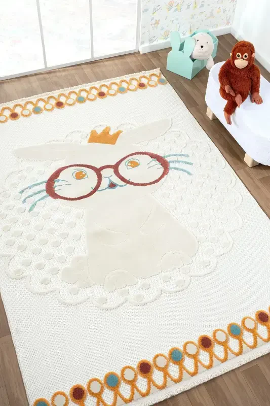 Washable Rabbit Baby Kids Room Rug Patterned Stain Resistant Antibacterial Anti-allergic AYAZ 08-CREAM 4 - ELIZ HOME