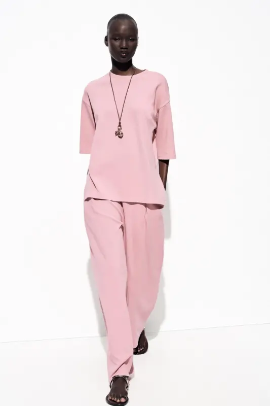 WASHED EFFECT INTERLOCK T-SHIRT-Powder pink - 1